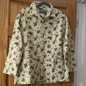 PJ Salvage Western Cowboy Rodeo Print Flannel Pajama Shirt Tan Horses Size M